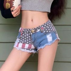 Stand out in these USA American flag denim shorts! Made with soft denim, these shorts are perfect for showing off your patriotic spirit. With their comfortable fit and trendy style, these shorts are sure to become a staple in your wardrobe. Add them to your summer collection now! American Flag Jeans, Flag Jeans, Streetwear Chic, Low Waist Jeans, New Pant, Waist Jeans, Trendy Style, Low Waist, Flared Sleeves