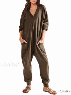 Lasaky - Casual Long-Sleeve Colorful Jumpsuit Retro Style 90s, Women Long Sleeve Jumpsuit, Romper Long Pants, Pajama Outfit, Fitted Romper, Winter Jumpsuit, Colorful Jumpsuit, Pocket Jumpsuit, Loose Jumpsuit