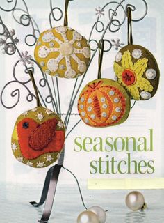 an advertisement for seasonal stitches featuring ornaments