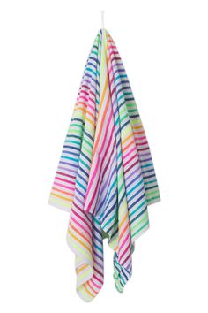 a multicolored towel hanging from a hook