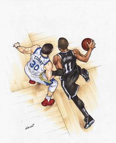 a drawing of two men playing basketball on a court