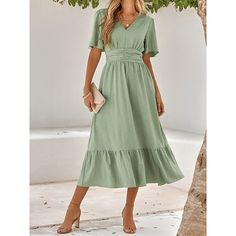 Season:Summer; Fabric:Polyester; Sleeve Length:Half Sleeve; Look After Me:Machine wash; Gender:Women's; Style:A Line,Streetwear,Casual; Elasticity:Micro-elastic; Occasion:Holiday,Street,Vacation,Date; Fit Type:Regular Fit; Dresses Type:Plain Dress,Summer Dress,Casual Dress,Swing Dress,A Line Dress; Design:Ruffle Trim; Neckline:V Neck; Listing Date:04/16/2024; Bust:; Length:; Sleeve:; Waist:; Fit US Size:; Fit UK Size:; Fit EU Size:; Dress Length Type:Midi Dress; Print Type:non-printing Casual Dress Midi, Apricot Color, Plain Dress, Family Photo Outfits, Streetwear Casual, Line Dress, Dress Midi, Casual Summer Dresses, Types Of Dresses