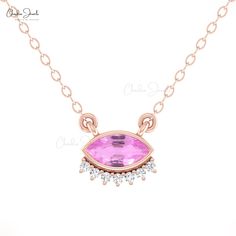 Description Embrace elegance with the Solid 14k Gold Diamond and 0.52Ct Pink Sapphire Evil Eye Floating Necklace. Perfect for September birthdays, this fine jewelry piece dazzles with vibrant pink sapphires and sparkling diamonds, making it a stunning and meaningful gift for her. Product Details SKU CJ-N-1779-PS Metal 14K Solid Gold Chain type Cable Chain Chain length 14+2 inch Closing mechanism Spring Ring Product dimension 16 inch x 8.6mm Birthstone September Certification N/A Pink Sapphire De Formal Pink Diamond Necklace, Fine Jewelry Marquise Pink Gemstone, Pink Cubic Zirconia Diamond Necklace As Gift, Pink Cubic Zirconia Diamond Necklace For Gift, Pink Diamond Necklace As Gift, Pink Diamond Necklace Gift, Pink Diamond Necklace For Gift, Pink Marquise Diamond Jewelry, Pink Diamond Necklace For Formal Occasions