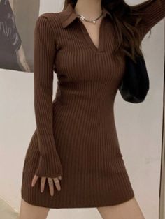 Vevesc Women Turn Down Collar Knitted Dress Slim Waist Tunic Bottoming Sweater Dresses Elegant Chic Trendy Y2k Vestido De Mujer Fabric Type: Chemical Fiber Dresses Length: Above Knee, Mini Material: COTTON Material: POLYESTER Material: SPANDEX Beige V-neck Mini Dress For Winter, Brown Ribbed V-neck Dress, Brown Long Sleeve Sweater Dress For Winter, Brown Ribbed Sweater Dress For Fall, Ribbed Brown Sweater Dress For Fall, Fall Ribbed Brown Sweater Dress, Casual Brown Winter Dress, Elegant Brown Long Sleeve Sweater Dress, Elegant Long Sleeve Brown Sweater Dress