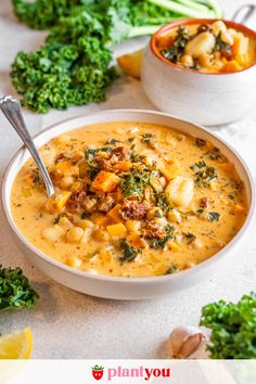 two bowls of soup with broccoli on the side