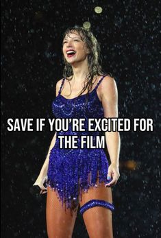 a woman in a purple dress singing on stage with the words save if you're excited for the film