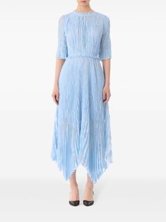 sky blue fully pleated patterned floral print concealed rear zip fastening round neck three-quarter length sleeves ruffled detailing around the waist handkerchief hem mid-calf length Wardrobe Edit, City Dress, Handkerchief Hem, Jason Wu, Summer Beach Wear, Exclusive Fashion, Dress Blue, Pleated Dress, Coat Dress