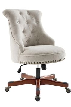 an upholstered office chair with wheels and casteors on the back, viewed from the front