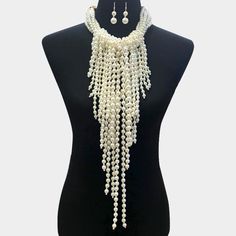 Necklace Size : 19" + 2" L Decor Size: 17" L Earring Size : 2" L Formal Necklace, Layered Pearl Necklace, Wholesale Necklaces, Pearl Statement Necklace, Fringe Fashion, Silver Necklace Set, Pearl Strand, Buy Necklace, Fringe Necklace