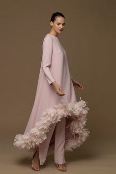 Description Pink Top & Pants, Long dress Fitted, Long Sleeves Closed neckline Crepe, Feather Dry Clean Made in Spain SKU INVERIGO Long Dress Fitted, Crystal Gown, Isabel Sanchis, Top With Pants, Exclusive Gowns, Two Piece Gown, Dresses Flowy, Feather Tops, Pink Passion