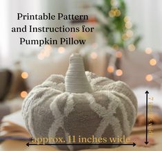 a knitted pumpkin sitting on top of a table next to a book with the words, printable pattern and instructions for pumpkin pillow