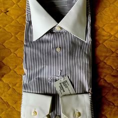 Stefano Ricci!! Yes That’s Right Original From Beverly Hills. Black And White Stripes With A White Collar And Cuffs! Original With The Tag!! Neiman Marcus And Bergsorf Sells These Shirts For $750. Priced To Sell. Accepting Officers. Luxury Formal Dress Shirt With Striped Collar, Luxury Formal Shirt With Striped Cuffs, Luxury Striped Dress Shirt With Spread Collar, Luxury White Shirt With Striped Cuffs, Luxury Striped Semi-formal Dress Shirt, Tux Dress, Light Blue Plaid, Formal Shirt Dress, Silk Shirt Dress