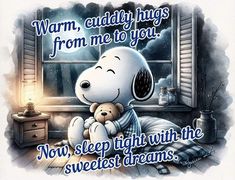 a cartoon snoopy holding a teddy bear in front of a window with the words, warm, cuddly hugs from me to you now sleep tight with the sweet dreams