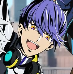 an anime character with purple hair and yellow eyes