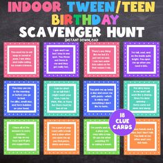 the birthday scavenger hunt for kids with colorful squares and dots on blackboard