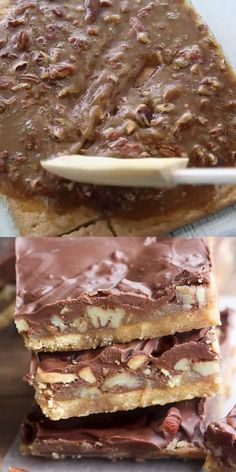 three different views of chocolate peanut butter bars