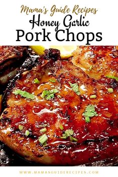 pork chops on a plate with sauce and parsley garnish in the background