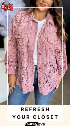 Sweet Love Oversized Lace Shacket Feminine Fall Outerwear With Button Closure, Feminine Outerwear With Button Closure For Fall, Feminine Button-up Outerwear For Fall, Pink Long Sleeve Outerwear For Day Out, Feminine Spring Outerwear With Buttons, Feminine Fall Outerwear For Brunch, Feminine Button-up Fall Outerwear, Feminine Pink Outerwear For Brunch, Feminine Fall Outerwear For Day Out