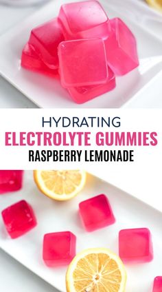 some ice cubes and orange slices on a plate with text overlay that reads hydrating electrolyte gummies raspberry lemonade