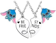 two heart shaped necklaces with the words be friends on them