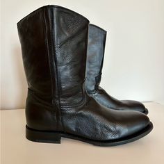 Leather Cowhide, Brand New, Never Worn’ Still Has Tags, Men’s Size 12 Classic Moto Boots With Steel Toe, Classic Black Moto Boots With Plain Toe, Classic Formal Moto Boots, Classic Steel Toe Moto Boots, Classic Snip Toe Moto Boots In Calf Leather, Classic Moto Boots With Snip Toe In Calf Leather, Classic Calf Leather Moto Boots With Snip Toe, Black Goodyear Welted Rugged Boots, Masculine Boots With Rubber Sole And Snip Toe