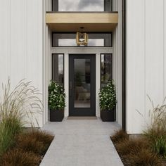 an entrance to a building with two plants on each side