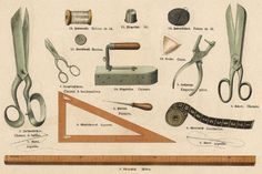 an illustration of various types of scissors and other things that are used to make them