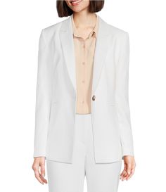 From Alex Marie&#x2C; this blazer features:Peak lapel collarLong sleevesLined1-button front closureNonfunctional pocketsApprox. 26.25" in lengthPolyester/rayon/elastaneMachine wash/line dryImported. Sleek White Outerwear For Office, Sleek White Outerwear For Work, White Career Blazer With Notch Lapel, White Notch Lapel Blazer For Career, White Lapel Collar Blazer For Career, Timeless Long-sleeved White Blazer, White Embellished Long-sleeved Blazer, White Single-breasted Collared Blazer, White Structured Single-button Blazer