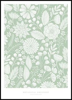 a green floral wallpaper with white flowers and leaves in the center, on a light green background