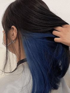 Underlayer Hair Color: Blue Underneath Dyed Hair For Brunettes Blue, Bottom Half Blue Hair, Colored Hair For Dark Brown Hair, Under Layer Hair Color Blue, Ways To Dye Brunette Hair, Good Colors To Dye Dark Brown Hair, Easy Colors To Dye Brown Hair, Dye Hair For Black Hair, Hair Blue Color Ideas