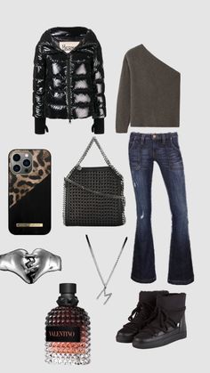 a woman's outfit and accessories are arranged in the shape of an animal print purse