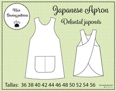 the japanese apron sewing pattern is shown in white and has an open back, as well as