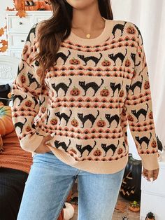 Plus Size Crew Neck Long Sleeve Pumpkin And Cat Pattern Knitted Pullover, Casual Daily Wear Multicolor Casual  Long Sleeve Knitwear Animal,Geometric Pullovers Medium Stretch  Women Plus Clothing, size features are:Bust: ,Length: ,Sleeve Length: Casual Halloween, Raglan Sleeve Sweater, Halloween Long Sleeve, Women Crew Socks, Long Sleeve Knit Sweaters, Round Neck Sweaters, Plus Size Sweaters, Printed Sweater, Casual Sets