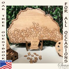 a wooden tree puzzle is shown in front of some other wood pieces with the words oakwood puzzles written on them