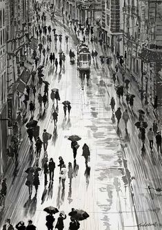 a black and white drawing of people walking down the street with umbrellas