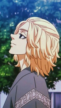 an anime character with blonde hair and blue eyes looking off into the distance, in front of a tree