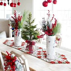 the table is decorated with red and white decorations