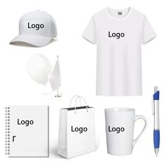 a white t - shirt, mug, pen and other items to create a logo