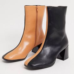 Gorgeous Unique Boots In Camel And Black Two Tone Color Way. Exclusive To Asos. Never Worn, Perfect Condition. Retro Black Boots For Fall, Black Heeled Boots With Leather Lining For Fall, Square Toe Ankle Boots, Unique Boots, Asos Shoes, Vegan Boots, Leather Ankle Boots, Rain Boots, Chelsea Boots