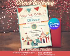 circus birthday party invitation with confetti and carnival tent on wood background, digital file available