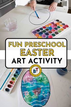 a young boy is painting an easter egg with watercolors on it and the words fun preschool easter art activity