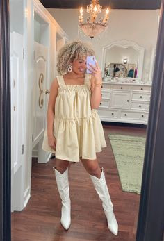 Greet the sunshine in style with Betsy the Babydoll Dress! Featuring an adorable stripe pattern in yellow and peach, the comfy 50/50 cotton and polyester blend screams summer fun with a flirty, playful vibe. Bring Betsy along on your next adventure and let the good times roll! White Western Boots, Good Times Roll, Intricate Embroidery, Cowboy Boot, The Trail, Babydoll Dress, Western Boots, Stripes Pattern, Step Up