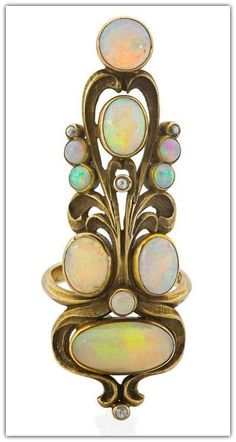 ART NOUVEAU OPAL AND DIAMOND GOLD INDEX FINGER RING. 14k, American circa 1905, design based on an Essay on Broom Corn by E. Colonna. Provenance: Collection of Dora Jane Janson. Wallace Chan, Broom Corn, Gemstone Setting, Index Finger Ring, Art Nouveau Ring, Index Finger