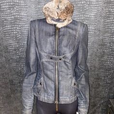 Beautiful Jacket By John Richmondny Denim With Fur Trim And Crystals In The Back In Perfect Condition Made In Italy Shearling Denim Jacket, Denim Jacket With Fur, Jacket With Fur, John Richmond, Fur Trim, Denim Jacket, In Italy, Size 4, Jackets & Coats