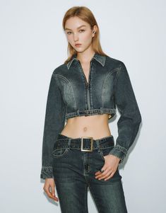 DENIM EDIT – URBAN REVIVO Trendy Fitted Collared Denim Top, Fitted Washed Cropped Tops, Trendy Collared Tops In Dark Wash, Trendy Dark Wash Collared Tops, Fitted Washed Denim Blue Top, Fitted Long Sleeve Washed Denim Top, Dark Wash Stretch Tops For Fall, Dark Wash Cropped Stretch Tops, Dark Wash Stretch Cropped Tops