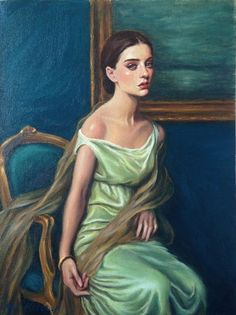 a painting of a woman in a green dress sitting on a chair with long hair