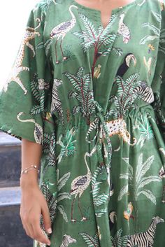 Green Forest Tiger Hand Block Printed Cotton Kaftan Plus Size Tunic Women Dress #thrifting #swimwear2018# bajuimport       #nighty Summer Loungewear Dresses With Tie Waist, Green Tropical Print Dress For Holiday, Printed Vacation Dress With Kimono Sleeves, Printed Dress With Kimono Sleeves For Vacation, Green Maxi Dress With Kimono Sleeves For Vacation, Green Tropical Kimono For Summer, Summer Green Kimono For Loungewear, Green Kimono Sleeve Beachwear Dress, Green Tropical Summer Kimono