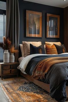 a bedroom with black walls and wooden furniture, including a large bed in the center