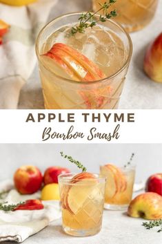 an apple thye bourbon smash is served in glasses