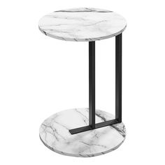 a white marble side table with black metal legs and a round base on an isolated white background